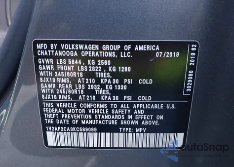 2019 Volkswagen Atlas 2.0T S z USA, uszkodzony, nr VIN 1V2AP2CA3KC589089